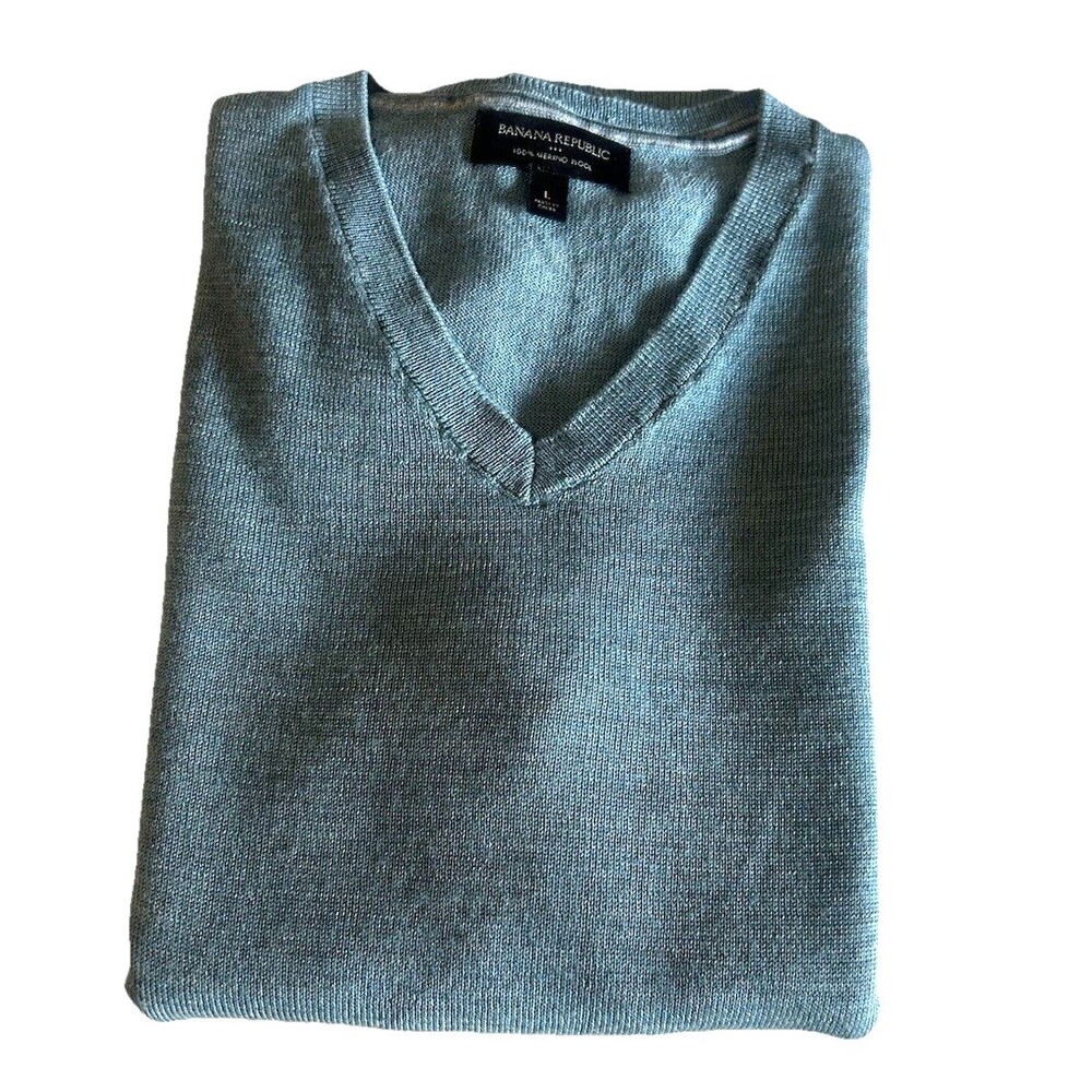 Banana Republic Men L Merino Wool Knit Sweater Blue V Neck Pullover Long Sleeve